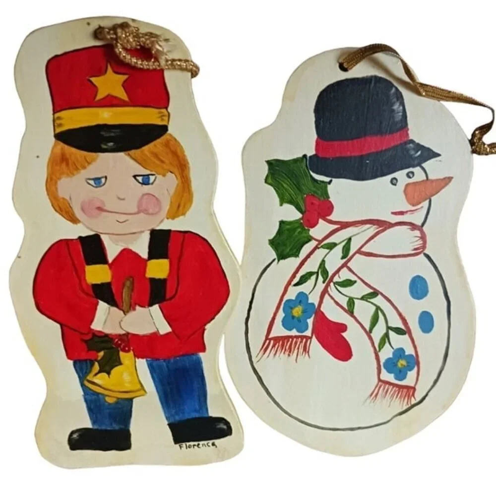 Vtg Set of 3 hand painted wood ornaments